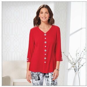 Crinkle Button Accent Top, V-Neck, 3/4 Sleeves, Side Slits Size Large